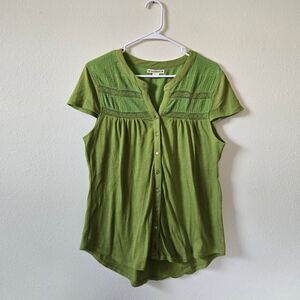 Women's Ruff Hewn Y2K 2000s Peplum Style Lace Flowy  Green Button Front Blouse
